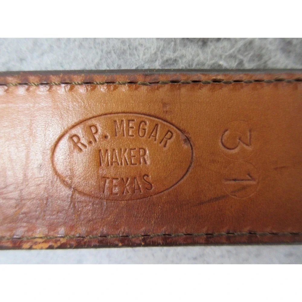 R.P. Megar Tooled Western Leather Belt Mens 32 Brown Silver Buckle Texas Cowboy